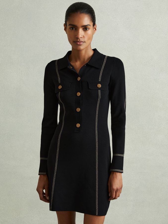 Knitted Contrast Seam Mini Dress in Black (E78643) | US$198