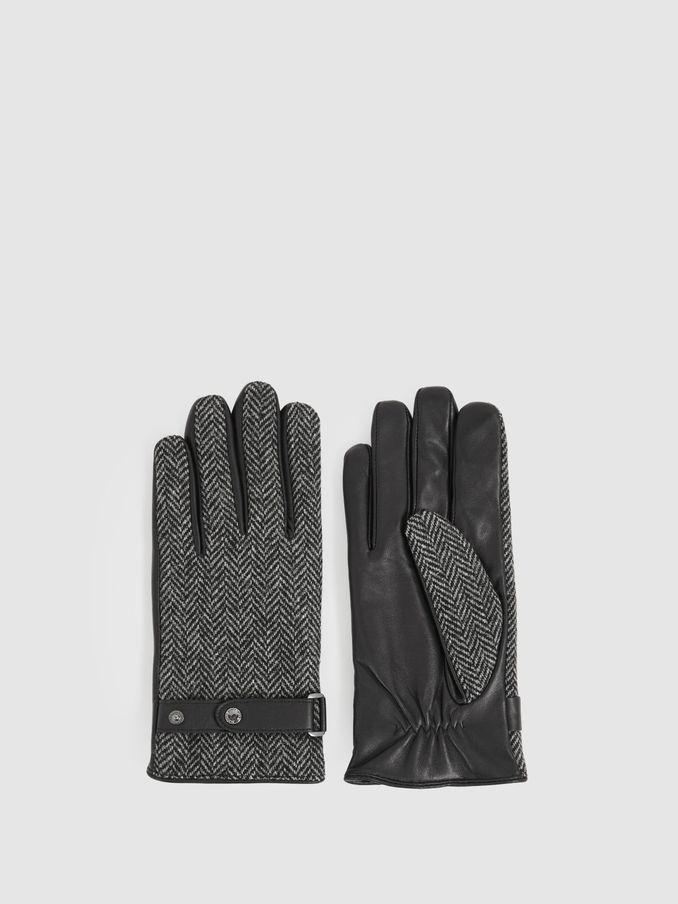 Leather And Wool-Blend Herringbone Gloves in Black (E78648) | €95