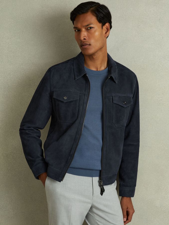 Suede Zip-Through Trucker Jacket in Indigo Blue (E78650) | €342