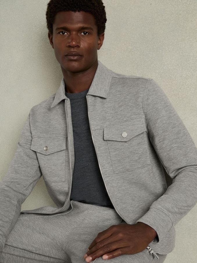 Interlock Jersey Zip-Through Overshirt in Grey Melange (E78651) | CHF 84