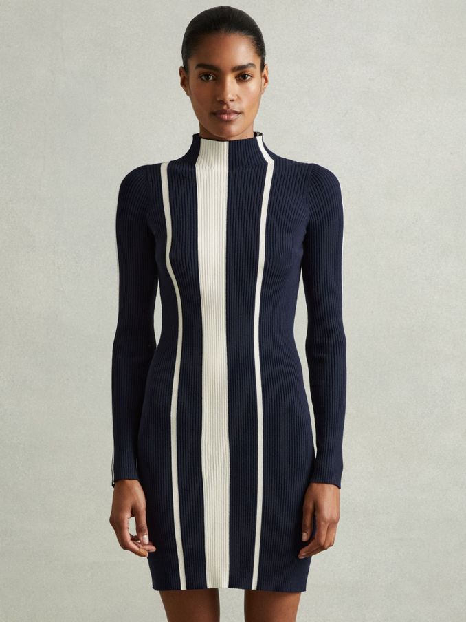 Ribbed Striped Mini Dress in Navy/Ivory (E78652) | US$94