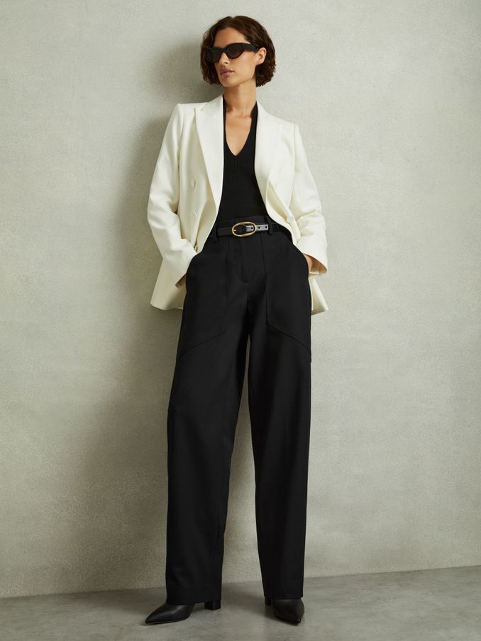 Wool Blend Barrel Leg Trousers in Black (E78654) | US$98