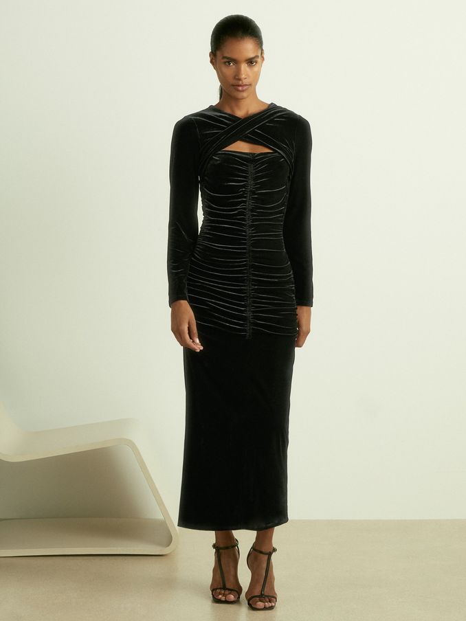 Velvet Ruched Twist-Front Midi Dress in Black (E78658) | €57