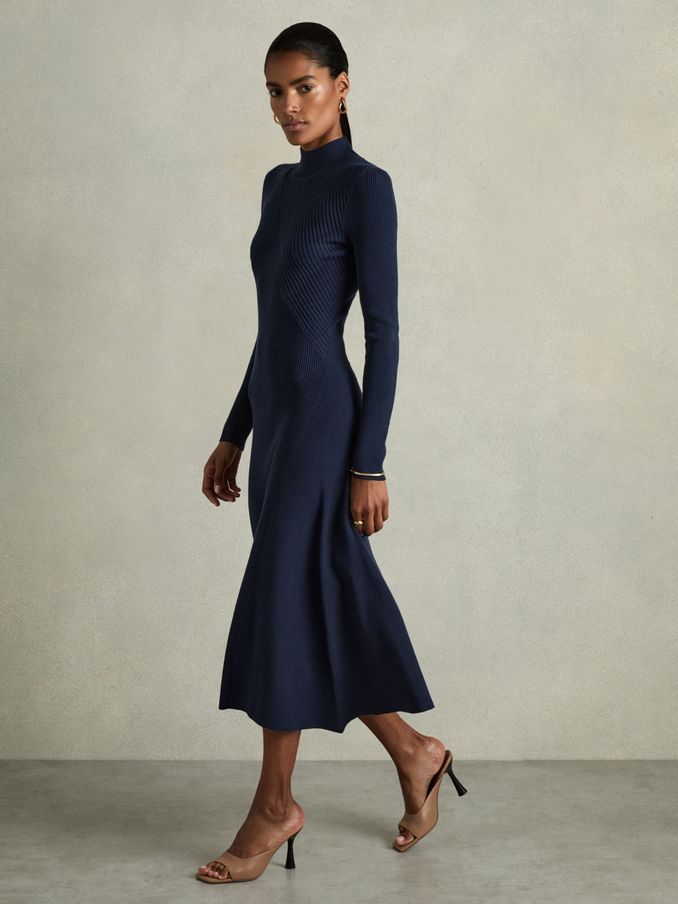 Round Neck Ribbed Midi Dress in Navy (E78659) | US$208
