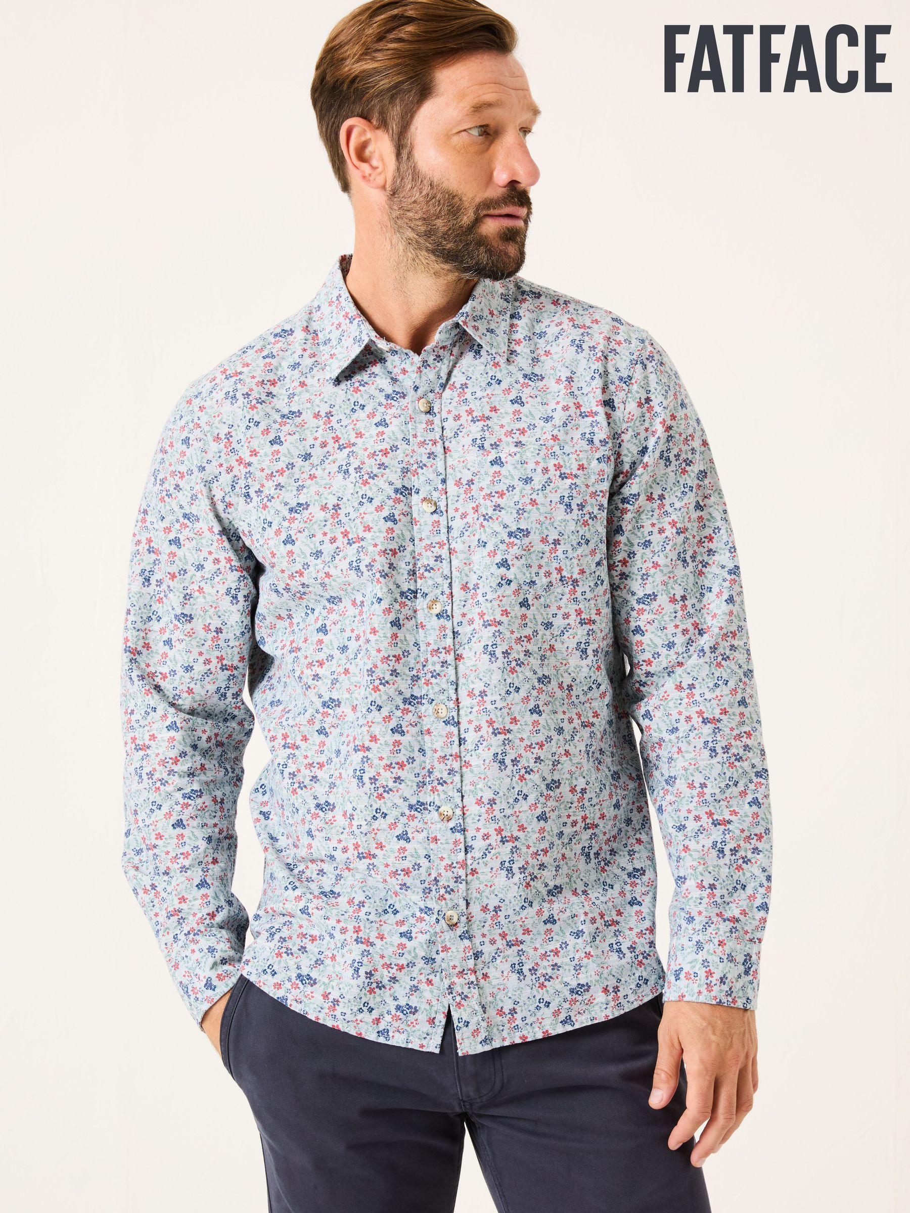 Mead Blue Long Sleeve Ditsy Print Shirt (E79186) | $90