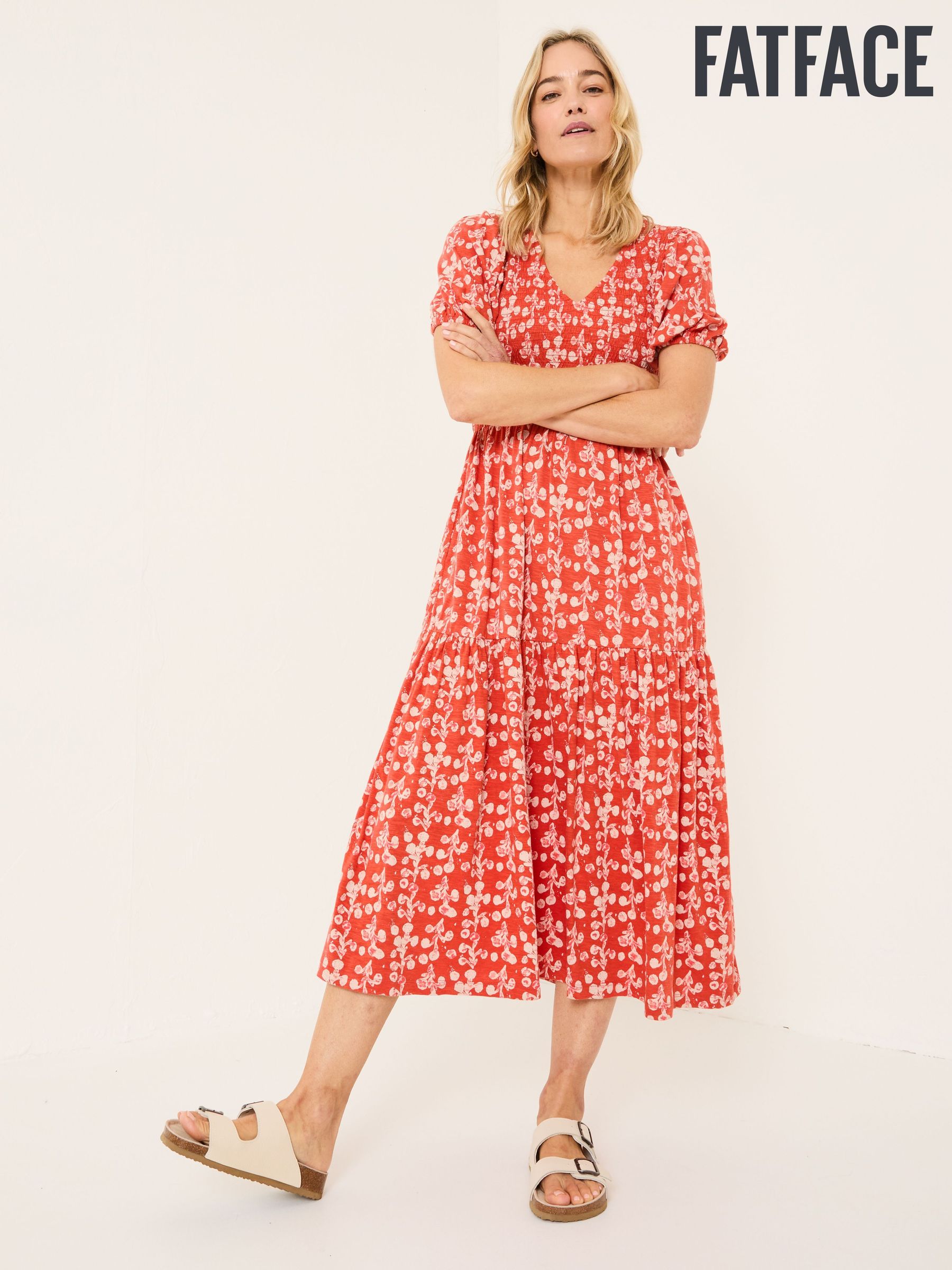 Danielle Burnt Orange Painted Bloom Midi Dress (E79195) | $92