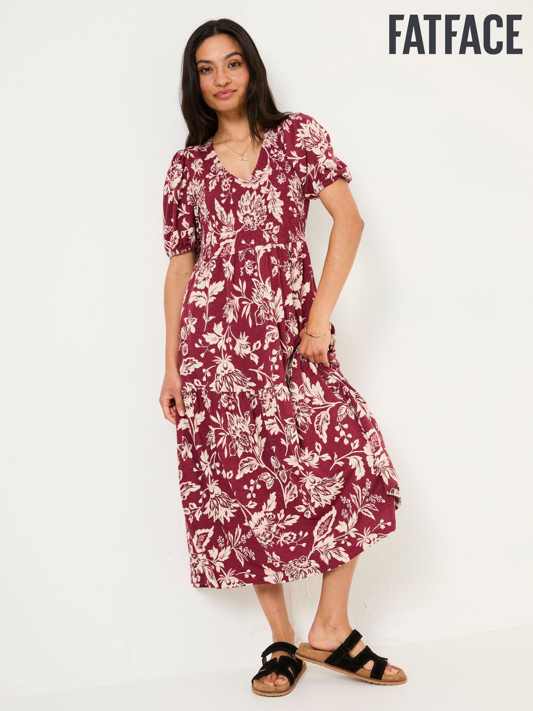 Danielle Burgundy Red Brush Floral Midi Dress (E79219) | $92