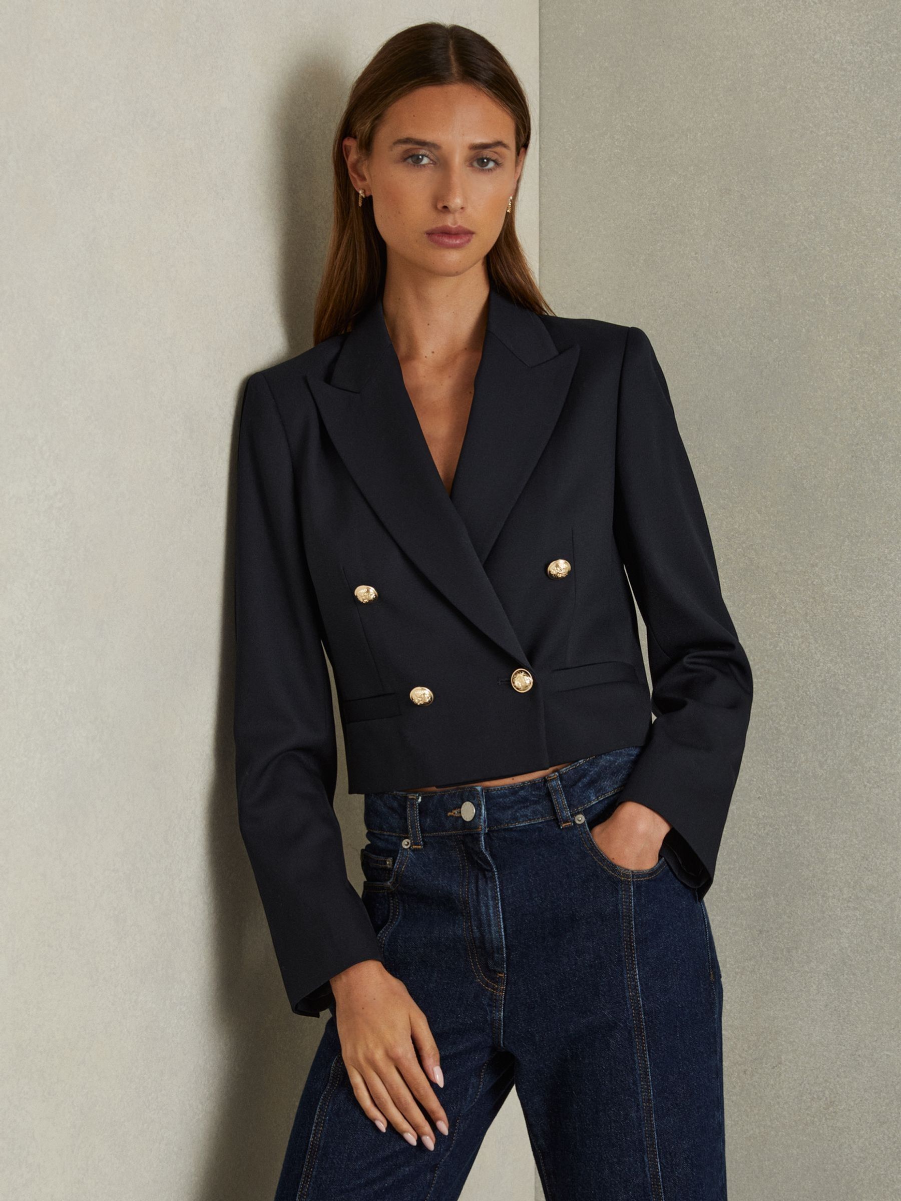 Cropped Wool-Blend Double-Breasted Blazer in Navy (E79325) | 404 SAR