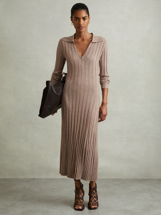 Knitted Open-Collar Midi Dress in Neutral (E79938) | $395