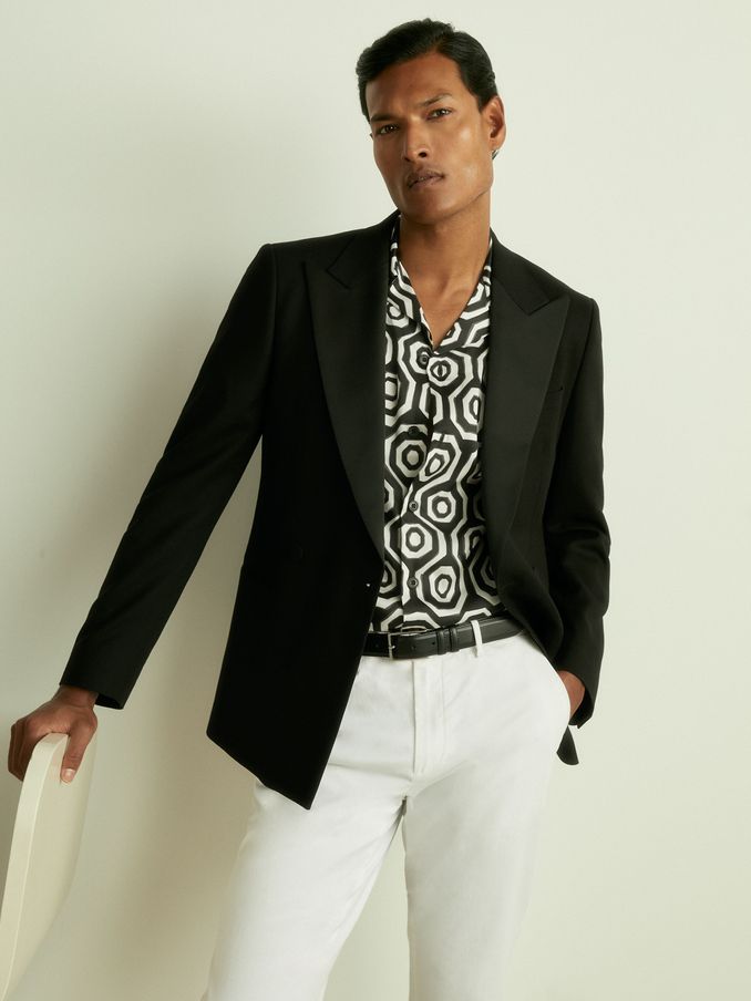 Geometric-Print Poplin Cuban-Collar Shirt in Black/White (E79942) | €39