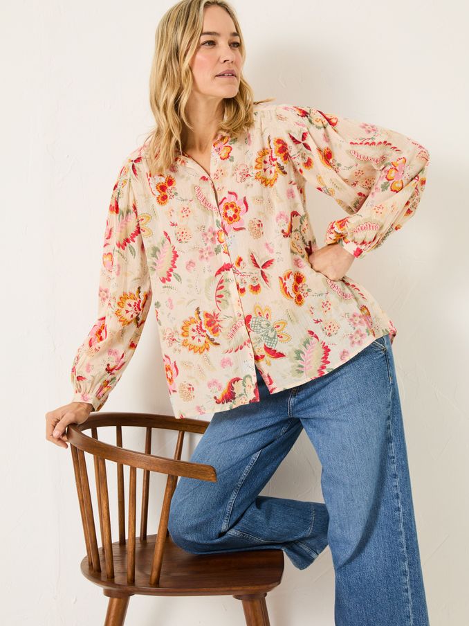 Ebby Cream Historical Floral 100% Cotton Blouse (E79967) | $76