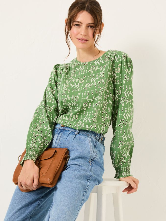 Light Green Jili 100% Cotton Embroidered Blouse (E80125) | $84