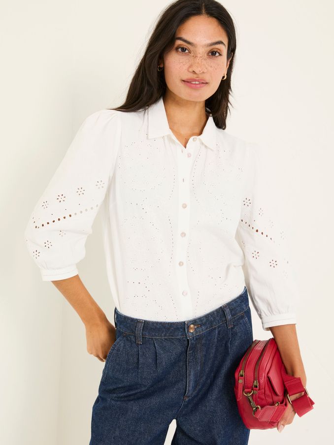 Roxi Ivory 100% Cotton Embroidered Shirt (E80131) | $84