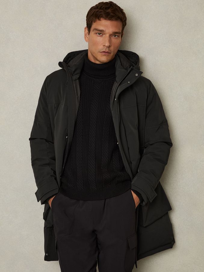 Hooded Shell Down Coat in Black (E80203) | US$376