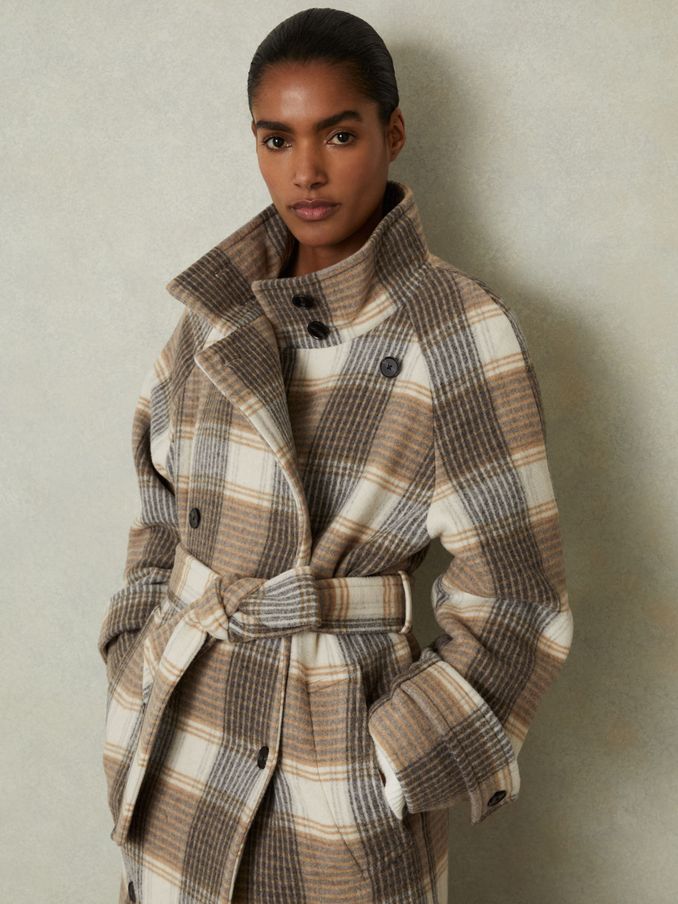 Wool Blend Check Double Breasted Coat in Neutral Check (E80207) | 1,010 SAR
