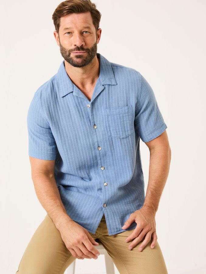 Bugle Blue Stripe Short Sleeve Linen Cotton Shirt (E81698) | $64