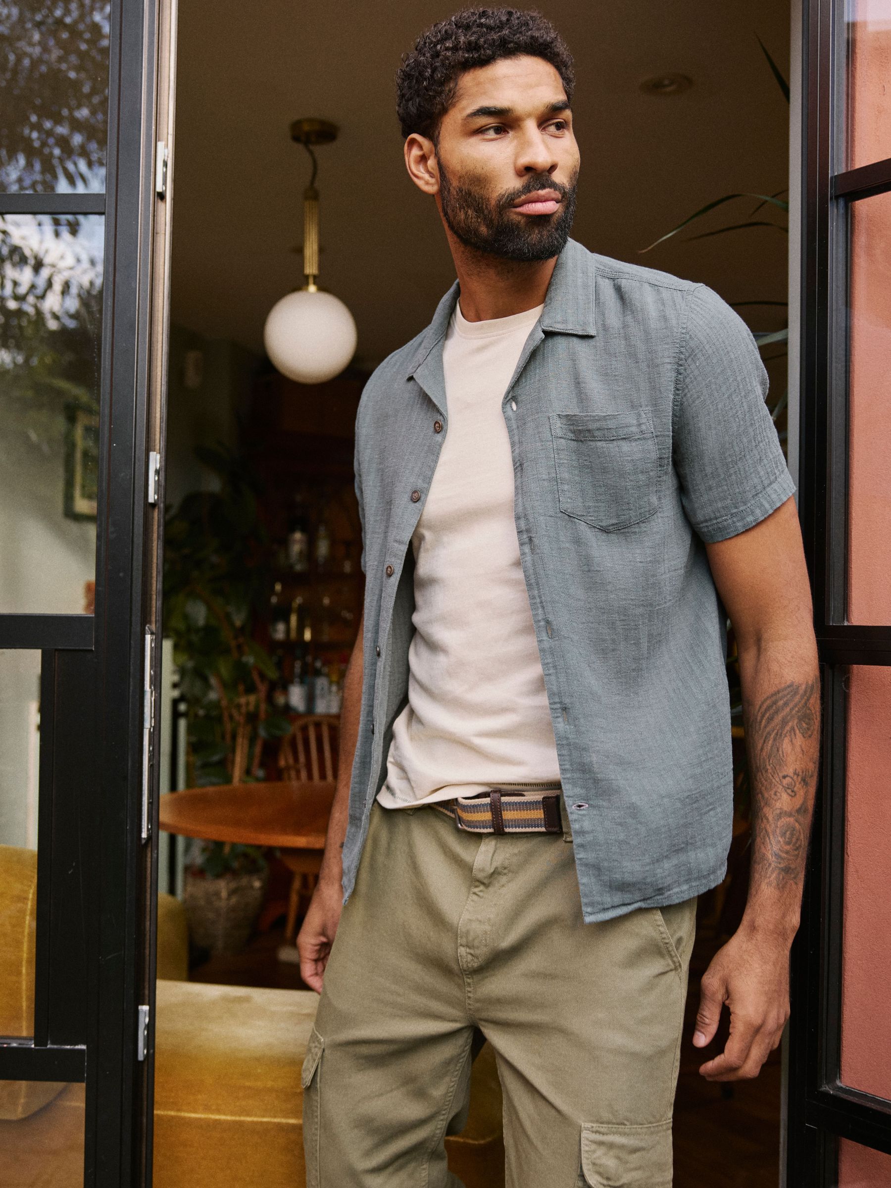 Bugle Dusky Green Stripe Short Sleeve Linen Cotton Shirt (E81701) | $64