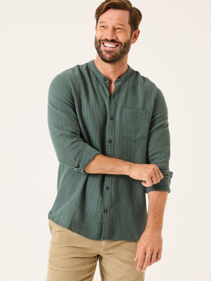 Bugle Dusky Green Long Sleeve Grandad Linen Cotton Shirt (E81702) | $70