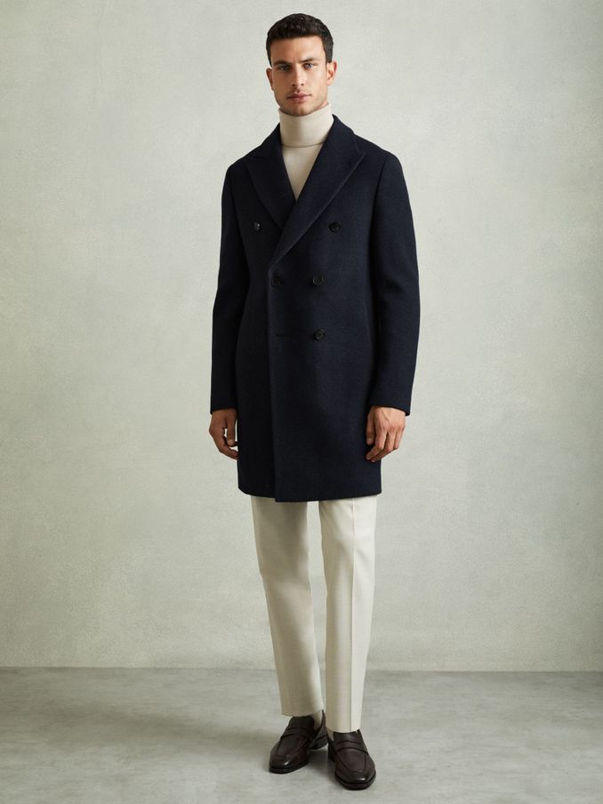 Wool Blend Herringbone Twill Overcoat in Navy Herringbone (E81704) | €271