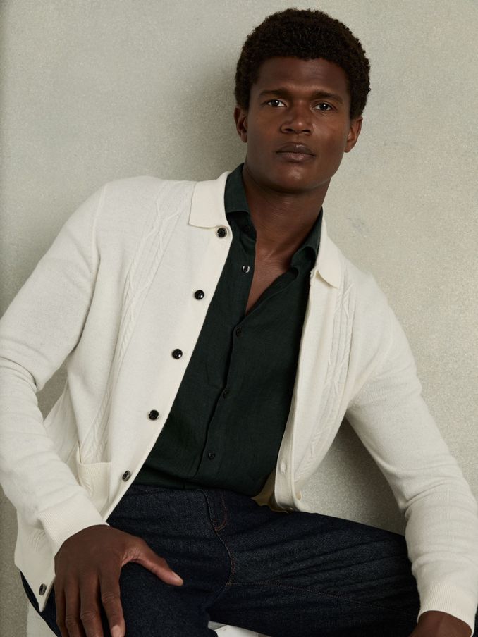 Wool Cabled-Knitted Cardigan in White (E81707) | US$78