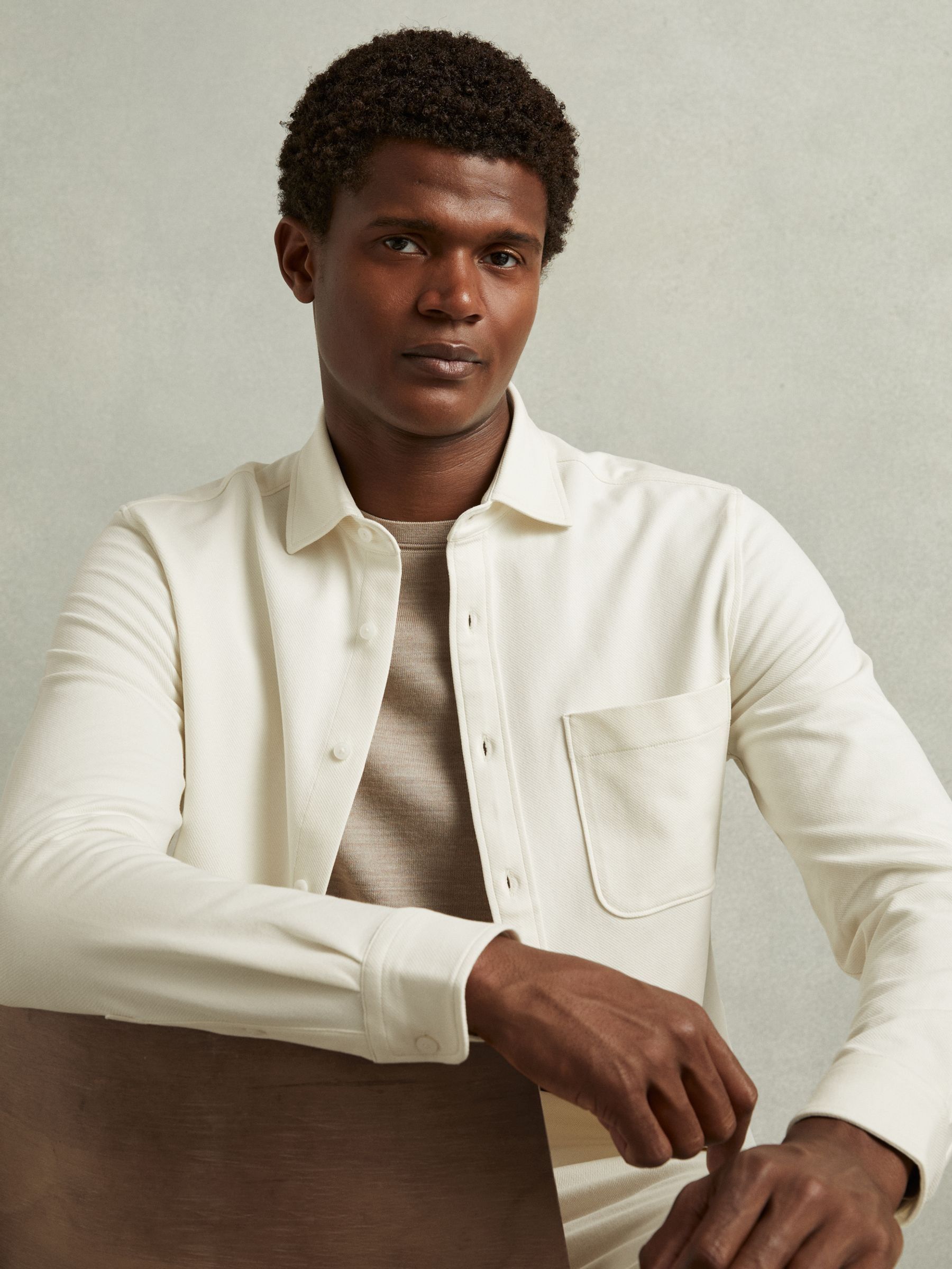 Cotton Blend Twill Overshirt in Off White (E81708) | CA$86