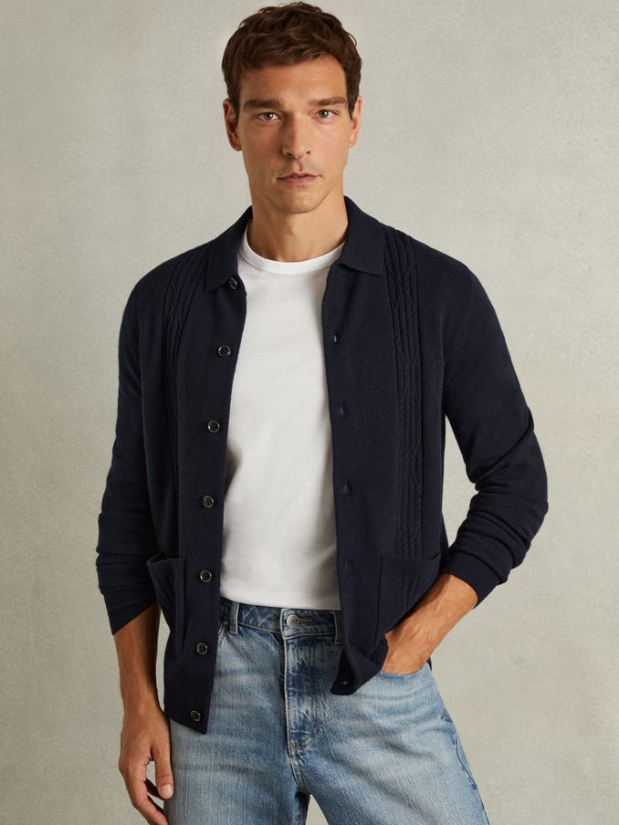 Wool Cabled-Knitted Cardigan in Navy (E81710) | US$144