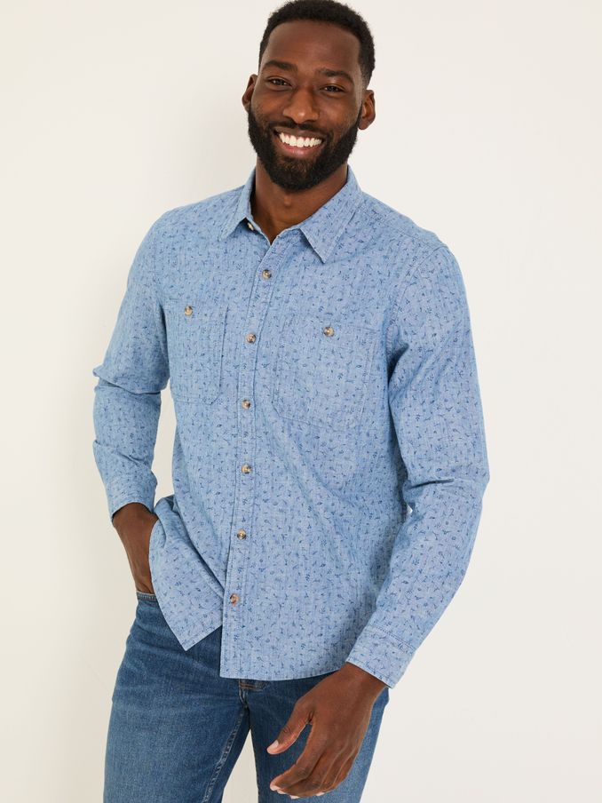Chambray Blue Leaf Print Long Sleeve Shirt (E81837) | $84
