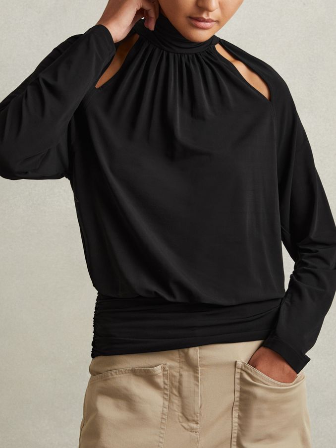 Adrienne Black Cut-Out Blouson Waist Top (E82403) | US$56
