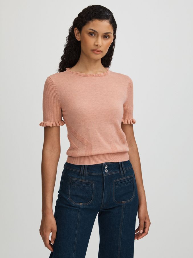 Triste Peach Paige Peach Metallic Ruffle Trim Top (E82404) | US$195