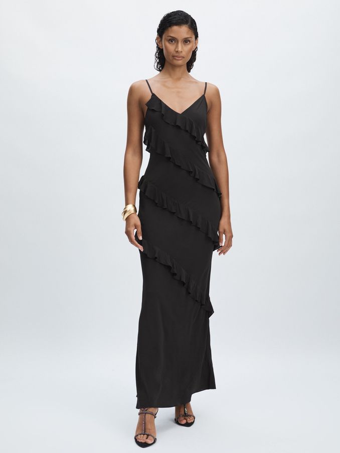 Ruffled Chiffon Slip Dress in Black (E82419) | HK$1,265