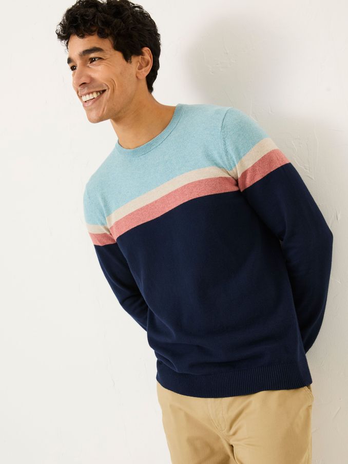 Navy Rye Chest Stripe Knitted Crew Neck Jumper (E82968) | $76