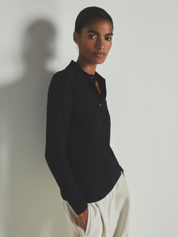 Reiss | Les 100 Ciels Wool and Silk Polo Shirt in Black (E84142) | ₪298