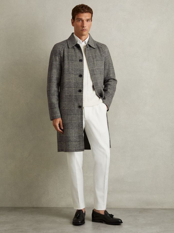 Checked Wool-Blend Car Coat in Black/White (E84144) | US$330