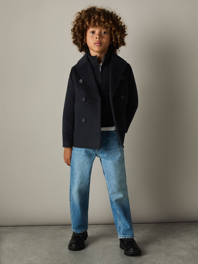 Wool-Blend Twill Double-Breasted Coat in Navy (E84195) | CA$210