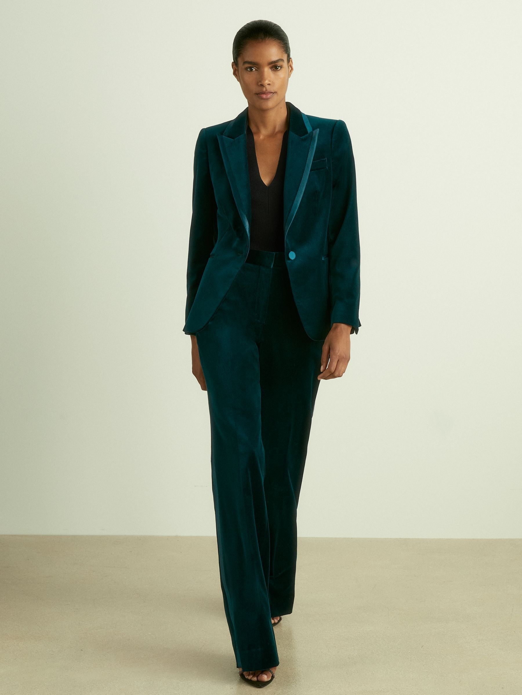 Velvet Flared Suit Trousers in Teal (E84214) | AED297