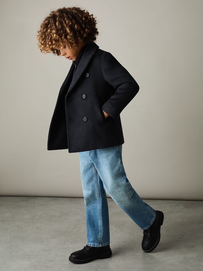 Wool-Blend Twill Double-Breasted Coat in Navy (E84215) | CA$190