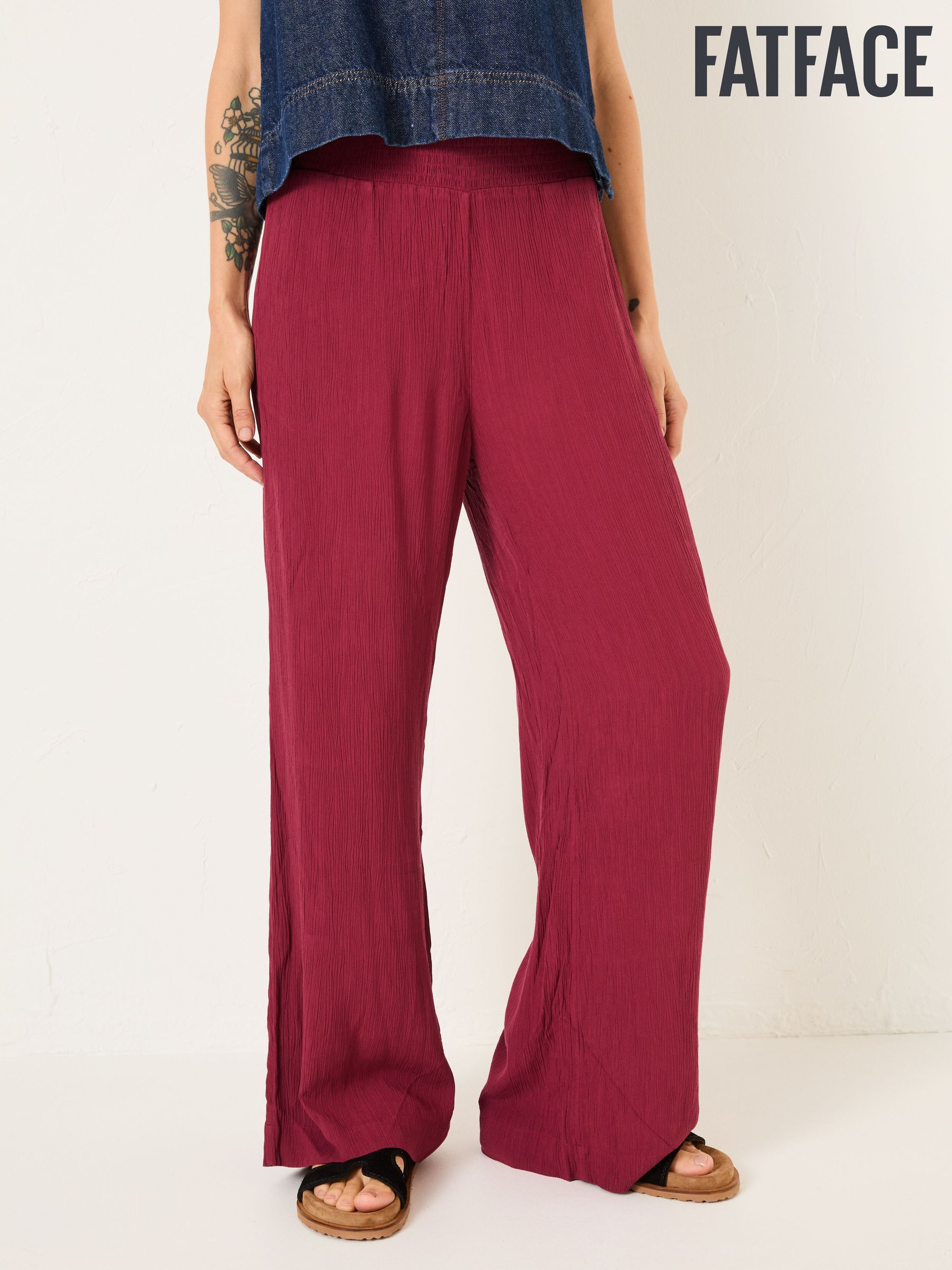 Burgundy Red Shirred Palazzo Wide Leg Trousers (E84506) | €65