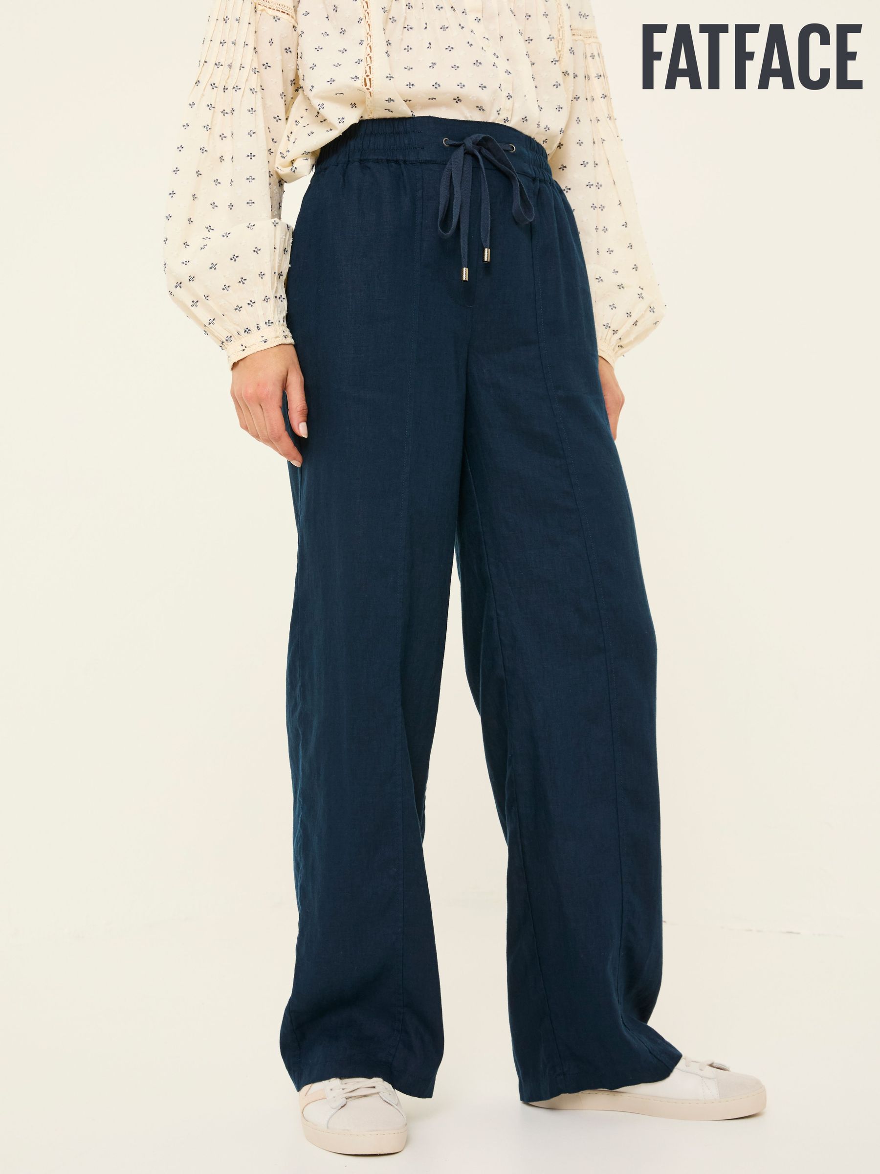 Iva Navy Wide Leg Linen Trousers (E84513) | $106