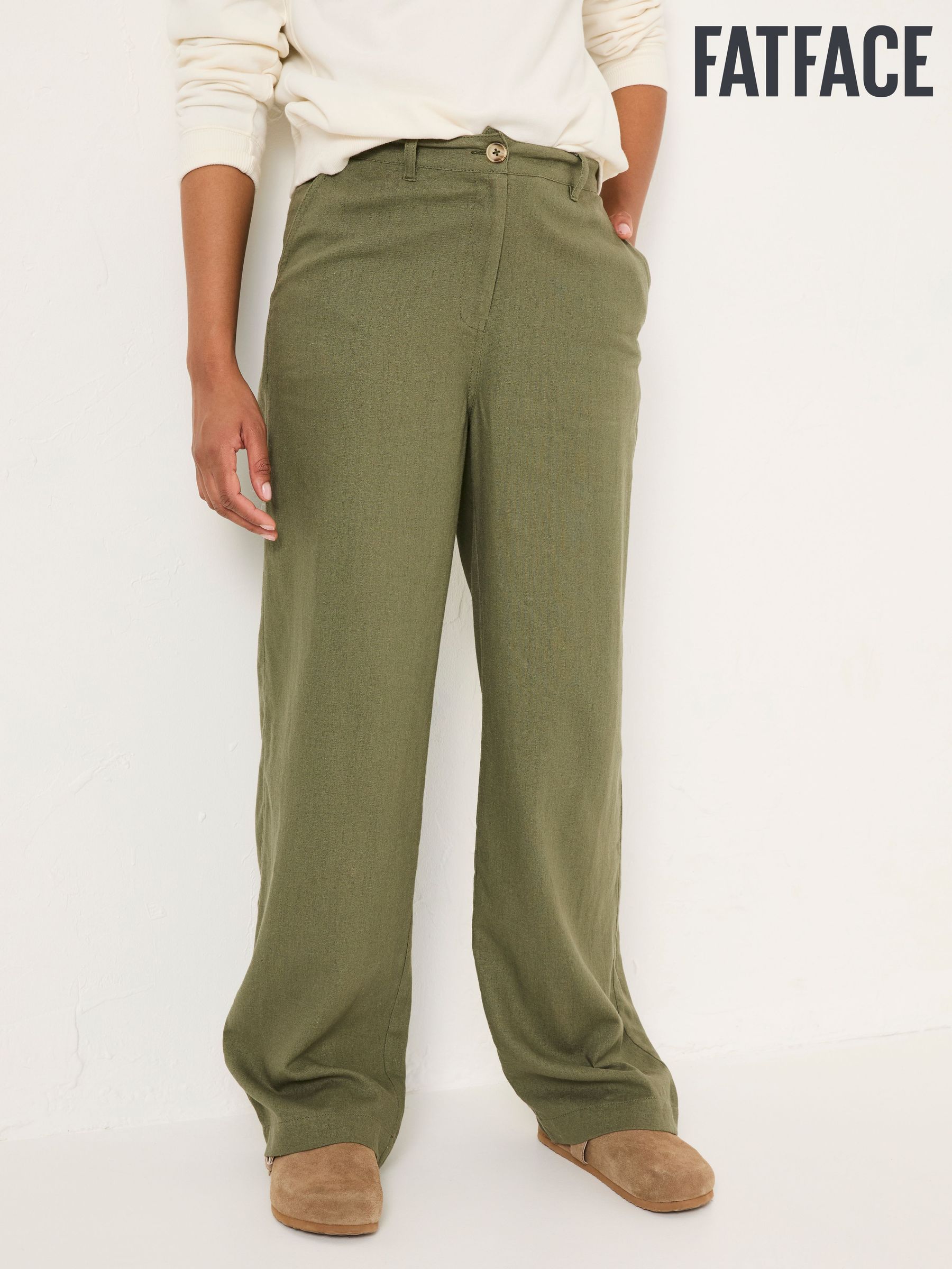 Ellie Khaki Green Linen Blend Trousers (E84518) | $106