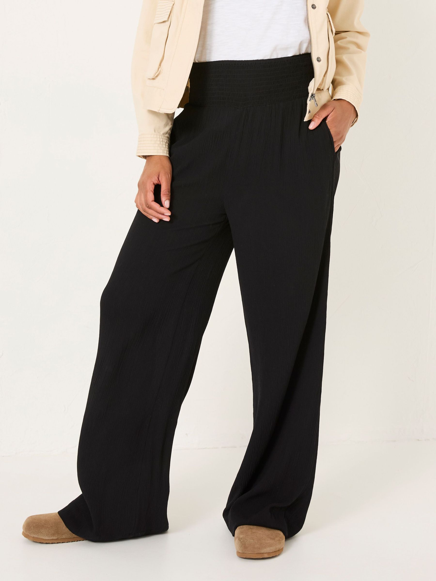 Black Shirred Palazzo Wide Leg Trousers (E84523) | $76