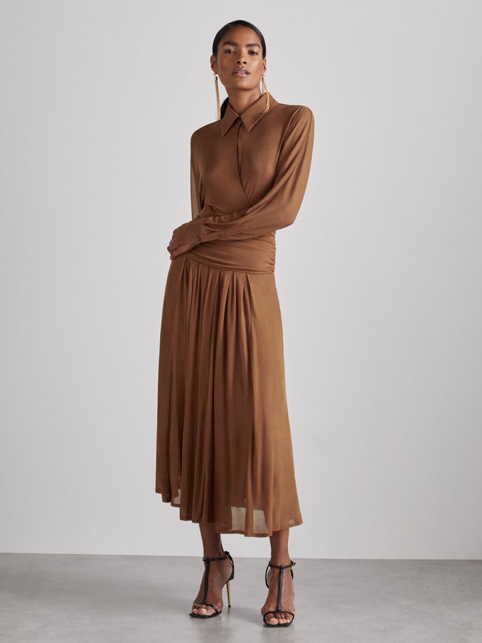 Atelier Gathered-Georgette Maxi Dress in Tan (E84635) | €283