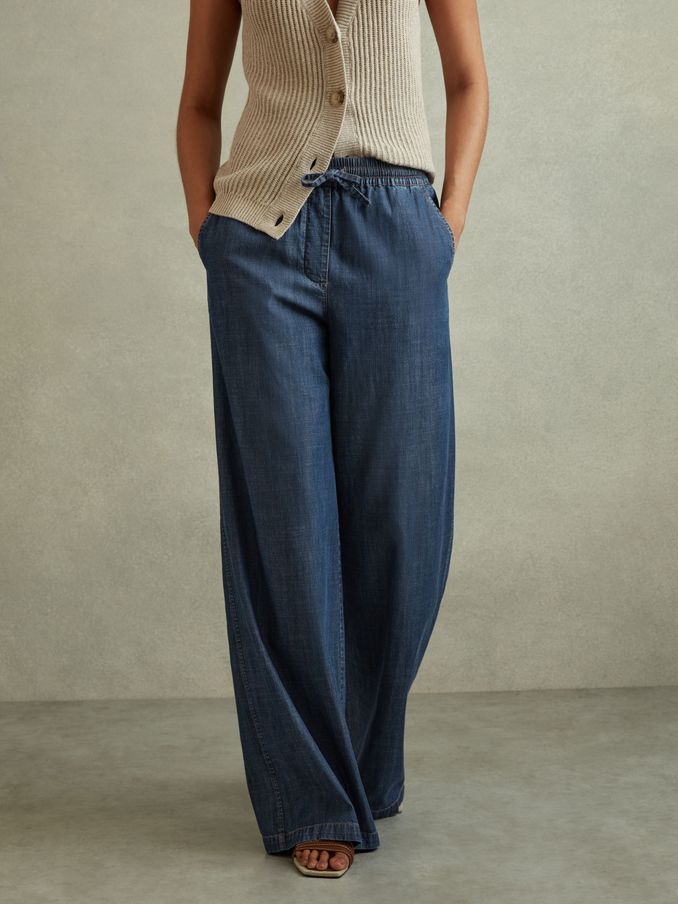Petite Denim Look Wide Leg Trousers in Mid Blue (E84655) | US$94
