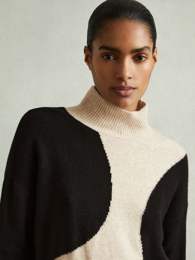 Colourblock Roll Neck Jumper in Oatmeal/Black (E84674) | CA$80