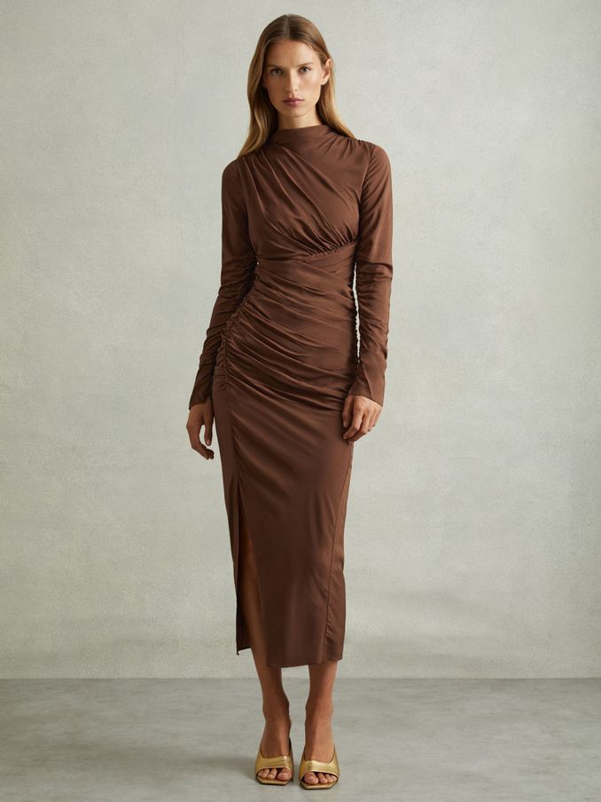 Kelly Chocolate Jersey Ruched Midi Dress (E84683) | US$131