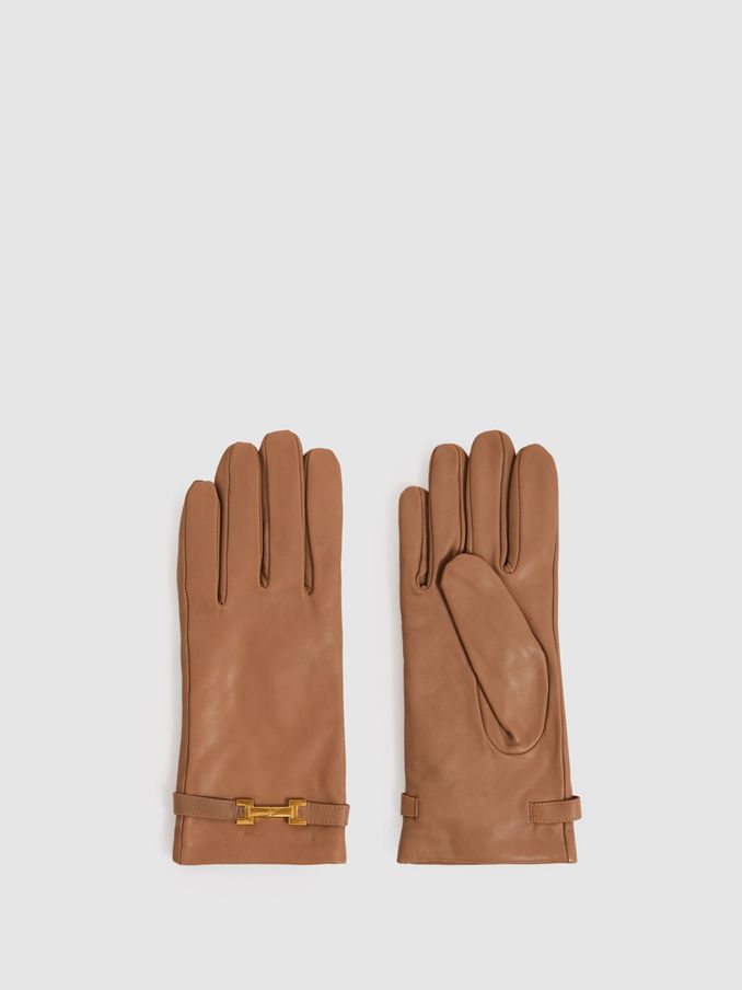 Leather Hardware-Embellished Gloves in Camel (E84688) | CHF 115