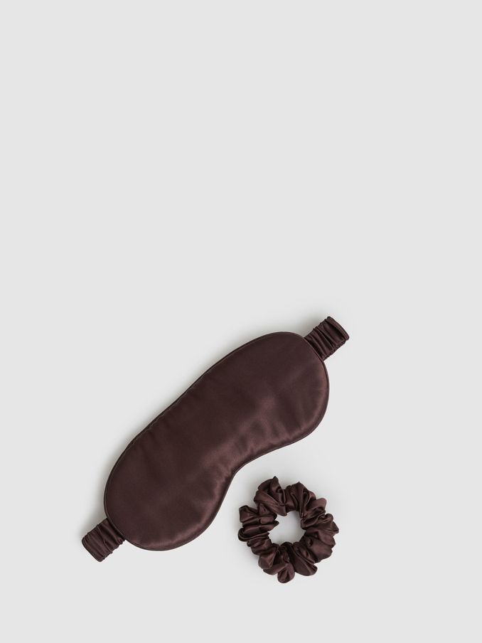 Silk Eye Mask and Scrunchie Set in Chocolate (E85638) | US$57