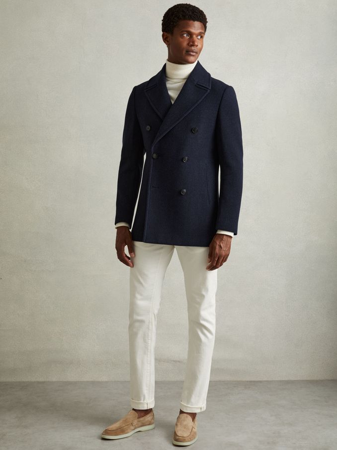 Wool Blend Double Breasted Peacoat in Navy Herringbone (E85652) | €326