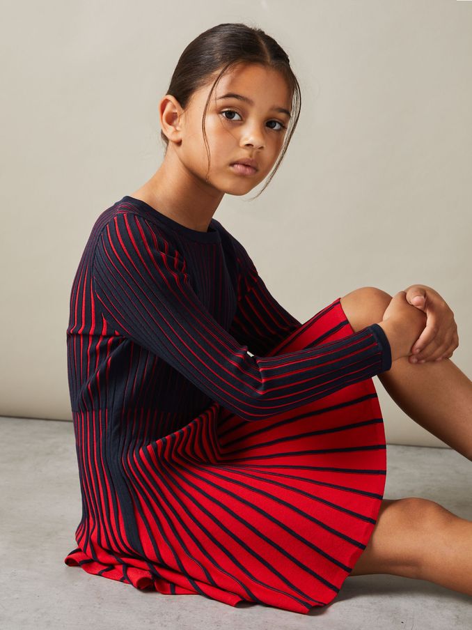 9-13 yrs Pleated Contrast Skater Dress in Navy (E85659) | US$81