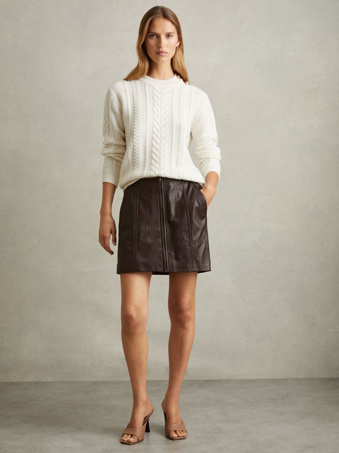 Leather Zip-Front Mini Skirt in Burgundy (E85661) | US$196