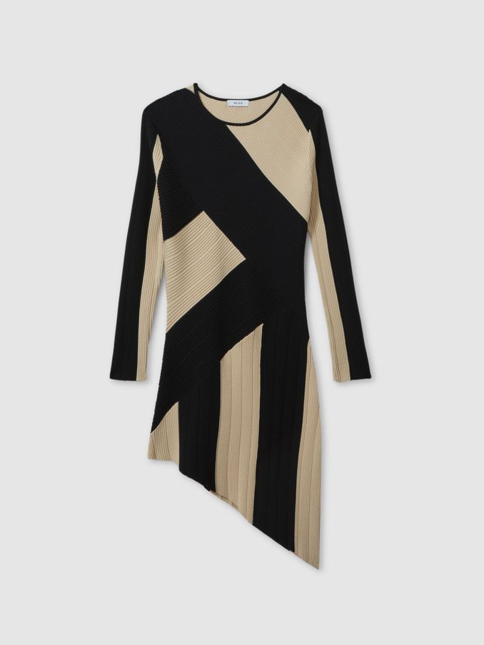 13-14 yrs Knitted Colourblock Asymmetric Dress in Black/Ecru (E85668) | €45